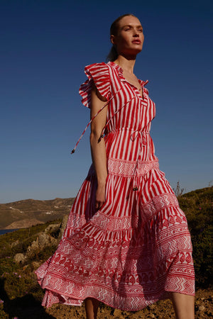 Oliphant Cinched Flirty Midi- Santorini Red
