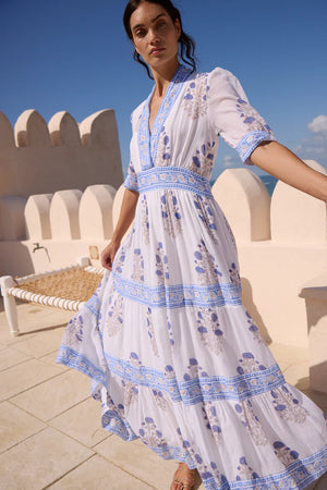 Oliphant V-Neck Cuffed Maxi- Laguna Blue