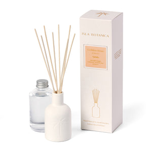 Reed diffuser set with bottle, sticks, and packaging on a white background