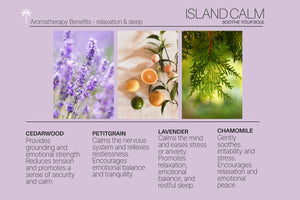 Aromatherapy benefits for relaxation and sleep with images of lavender, oranges, and green leaves on a purple background.
