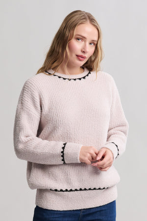 Barefoot Dreams CozyChic Ribbed Sweater with Blanket Stitch - Stone