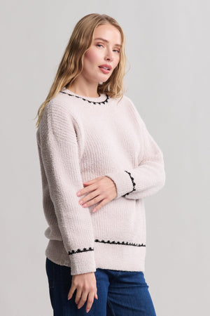 Barefoot Dreams CozyChic Ribbed Sweater with Blanket Stitch - Stone