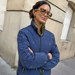Never Fully Dressed Navy Pinstripe Reversible Puffer