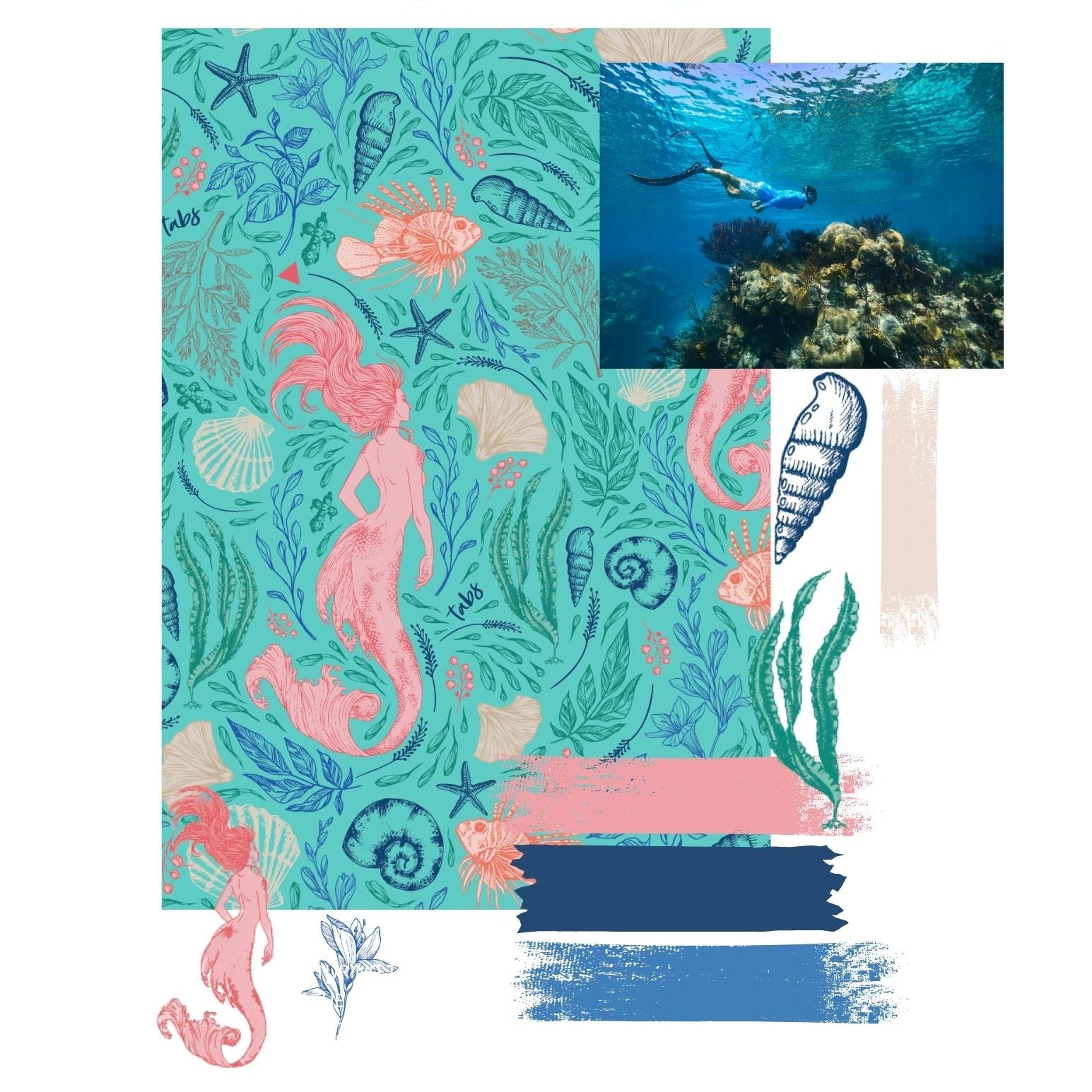 2026 Mood Board with underwater theme featuring mermaids, seashells, and a diver.