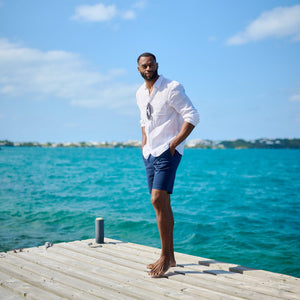 Man standing on a dock by the ocean with a clear blue sky.