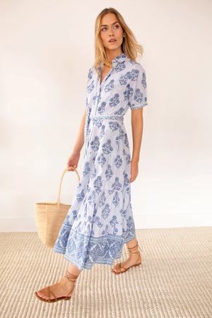 Marea Short Sleeve Shirt Dress - Indigo Striped Hollyhock