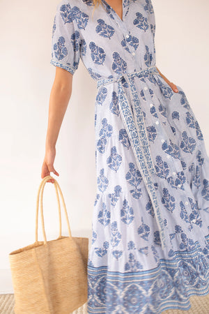 Marea Short Sleeve Shirt Dress - Indigo Striped Hollyhock