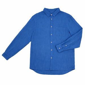 Blue button-up shirt on a white background