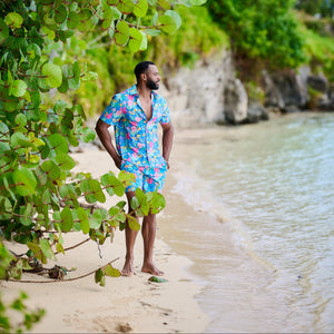 man wearing floral set