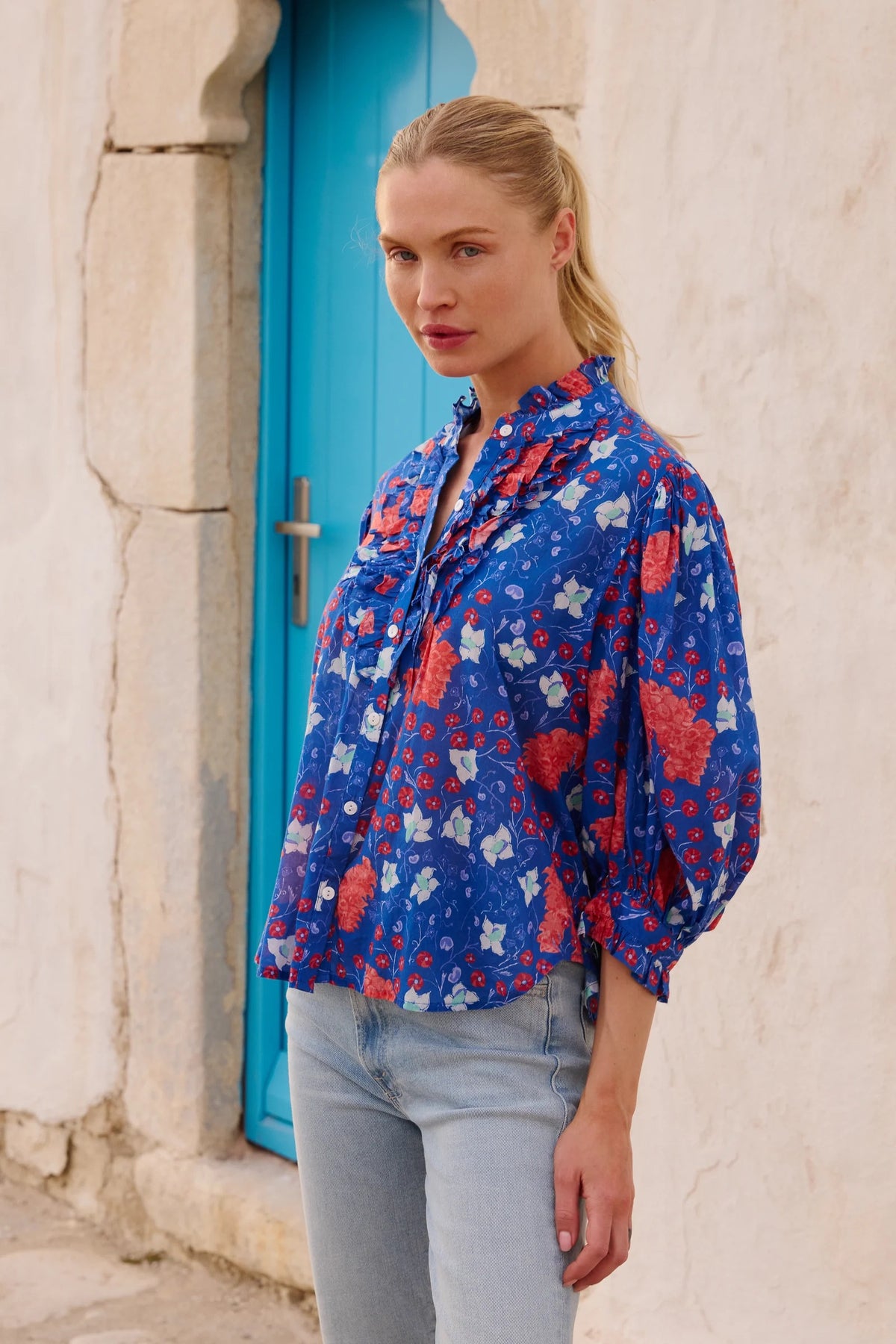 Oliphant Ruffle Front Button Blouse - Fluer