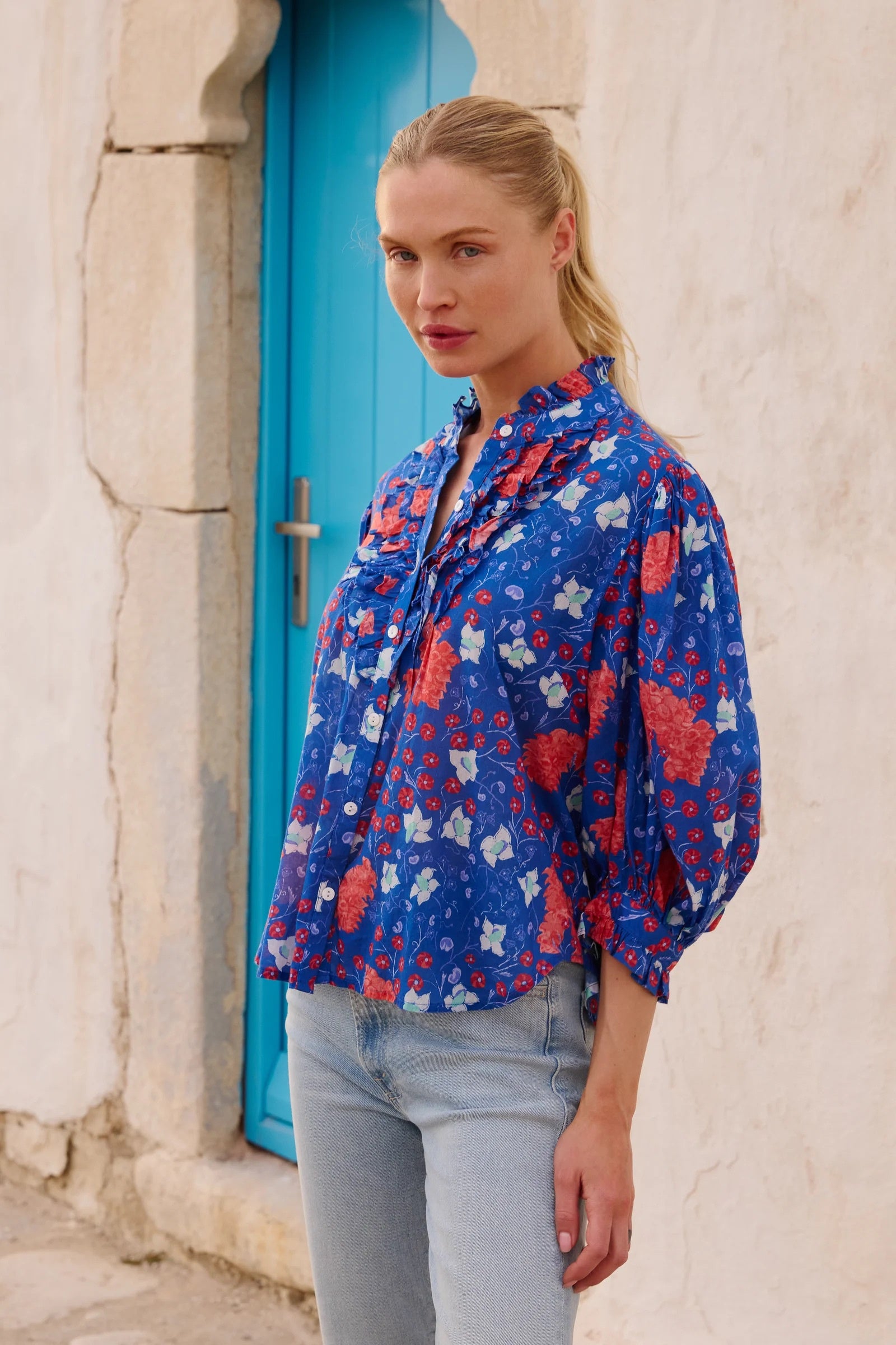 Oliphant Ruffle Front Button Blouse - Fluer