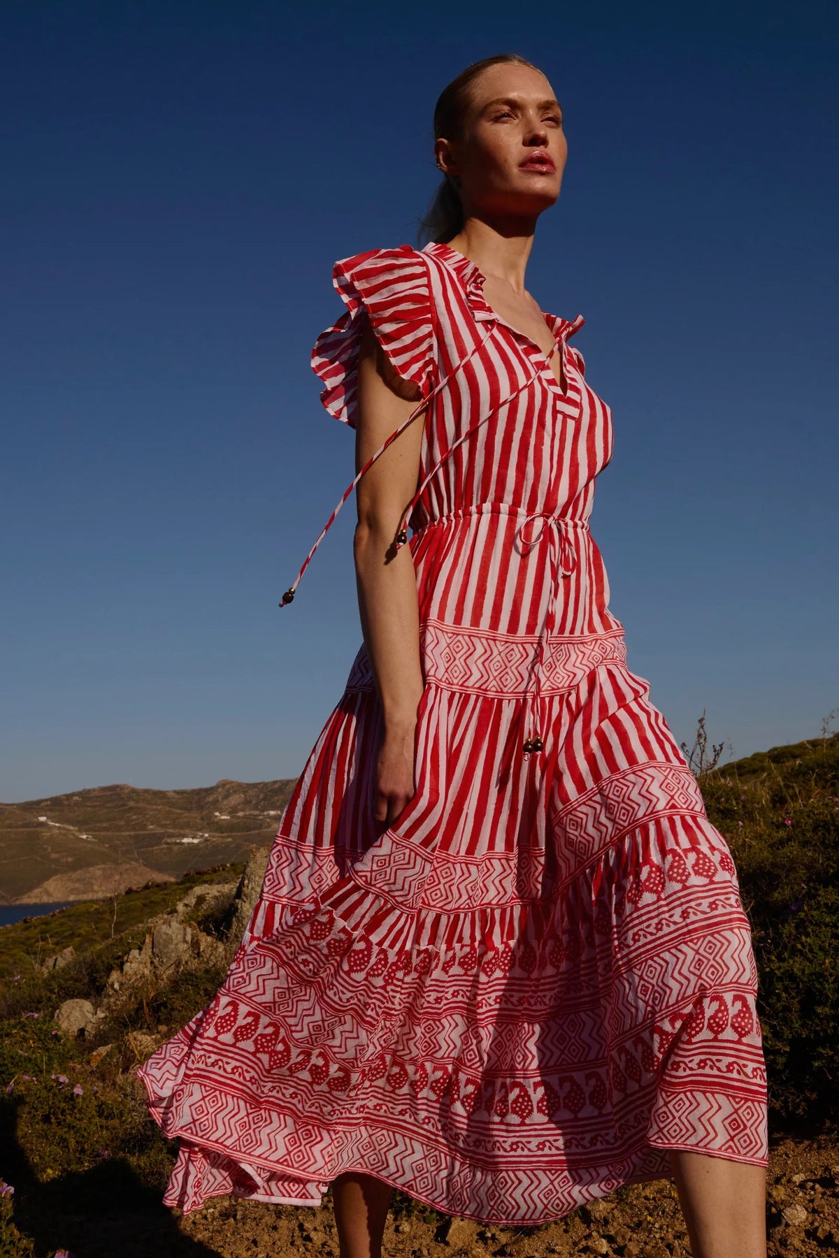 Oliphant Cinched Flirty Midi- Santorini Red