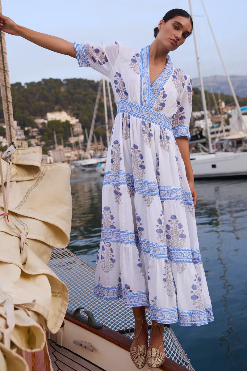 Oliphant V-Neck Cuffed Maxi- Laguna Blue