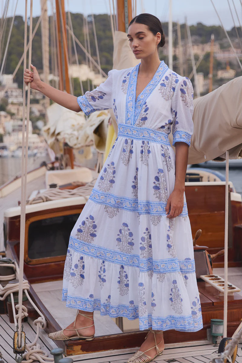Oliphant V-Neck Cuffed Maxi- Laguna Blue