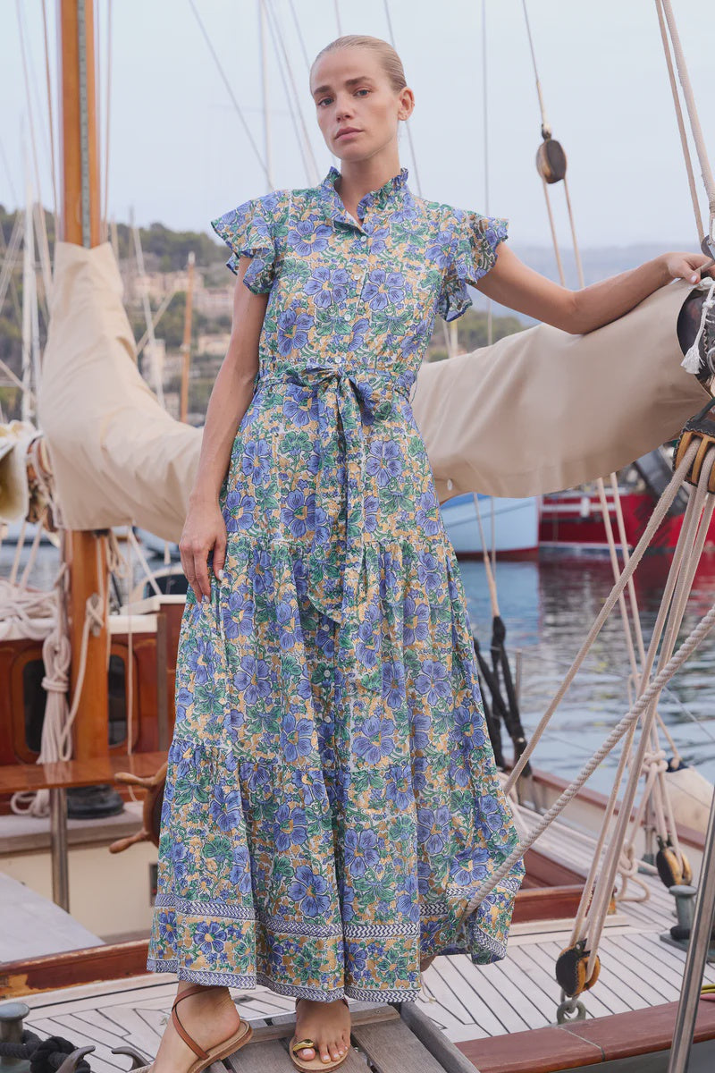 Oliphant Ruffle Collar Button Maxi- Matera Blue