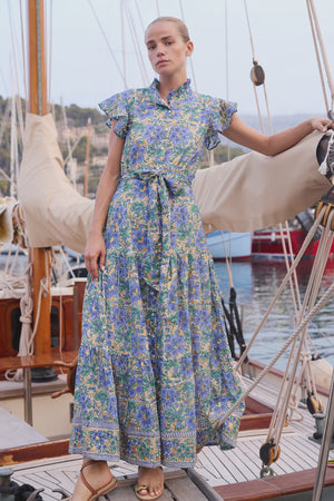 Oliphant Ruffle Collar Button Maxi- Matera Blue