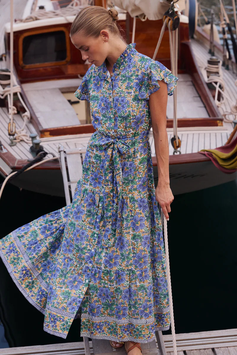 Oliphant Ruffle Collar Button Maxi- Matera Blue