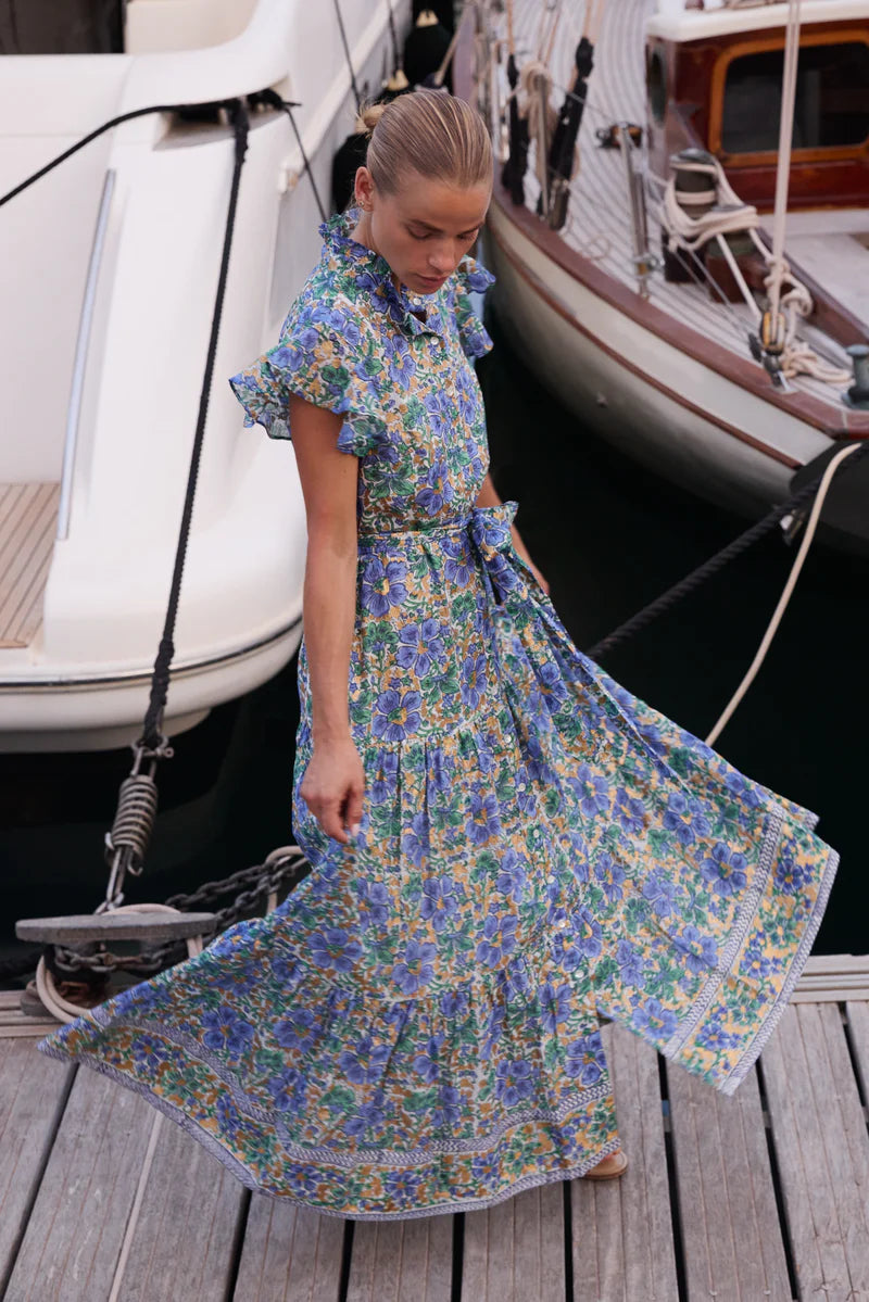 Oliphant Ruffle Collar Button Maxi- Matera Blue