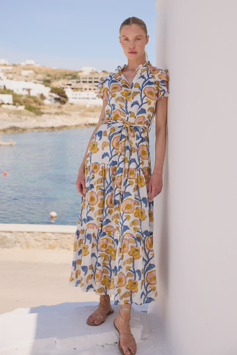 Oliphant Ruffle Collar Button Maxi- Poppy Marigold