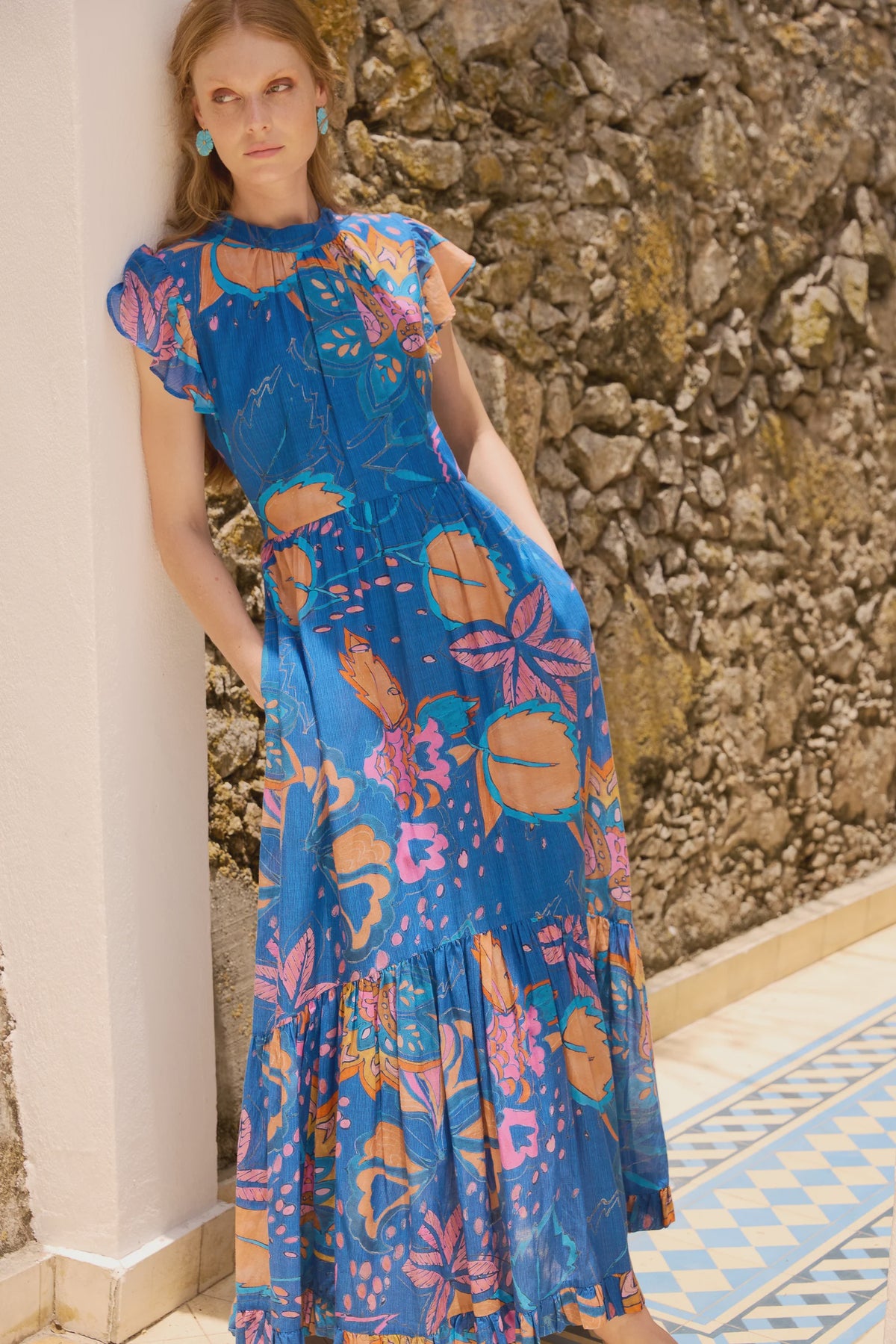 Oliphant Mock Neck Flutter Maxi- Antico Blue
