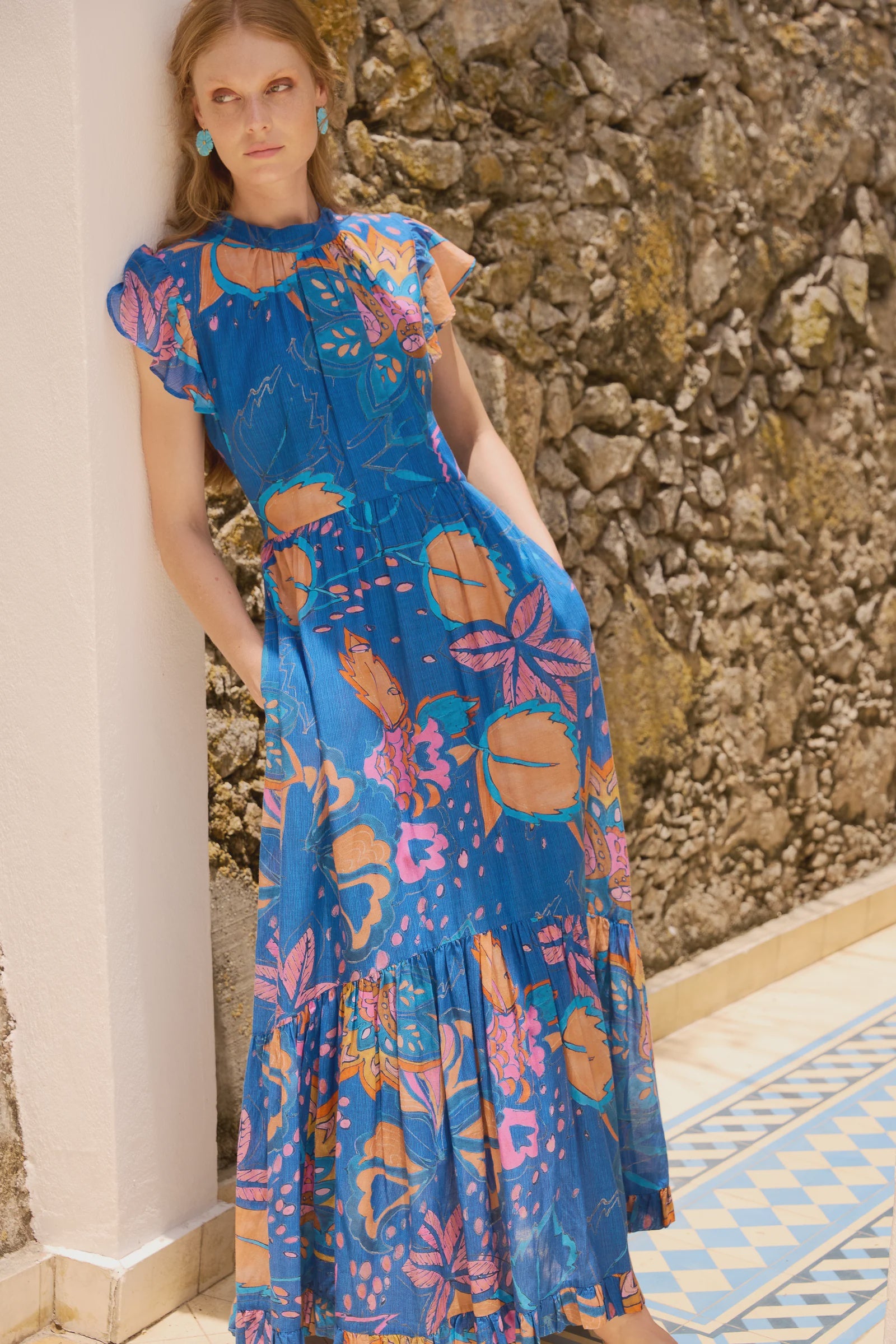 Oliphant Mock Neck Flutter Maxi- Antico Blue