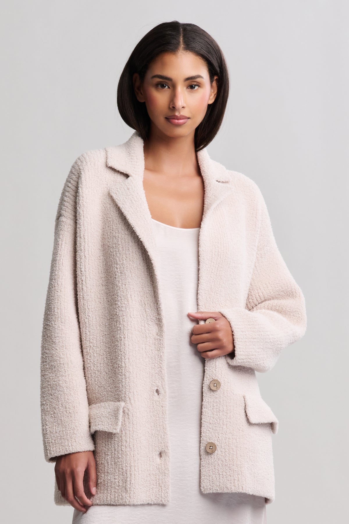 Barefoot Dreams CozyChic Rib Oversized Notch Collar Blazer - Stone