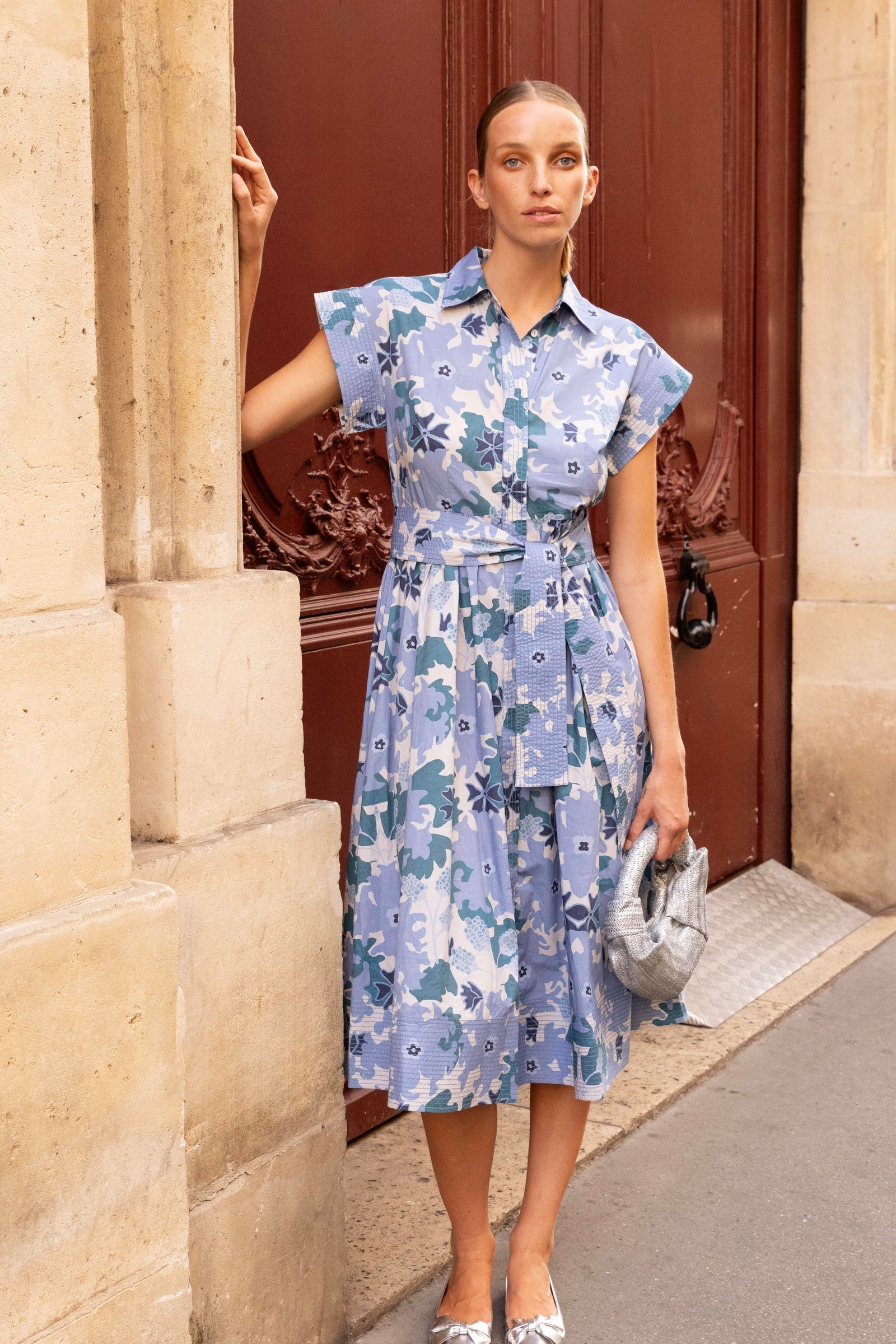 Oliphant Belted Shirt Dress- Suzani Blue