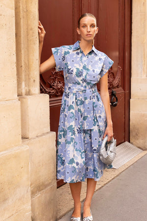 The Loren Oliphant Belted Shirt Dress- Suzani Blue