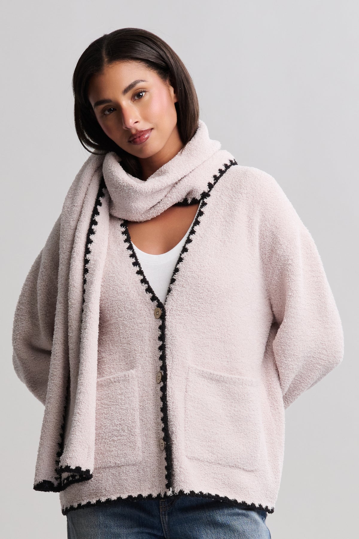 Barefoot Dreams CozyChic Blanket Stitch Cardigan with Detachable Scarf - Stone