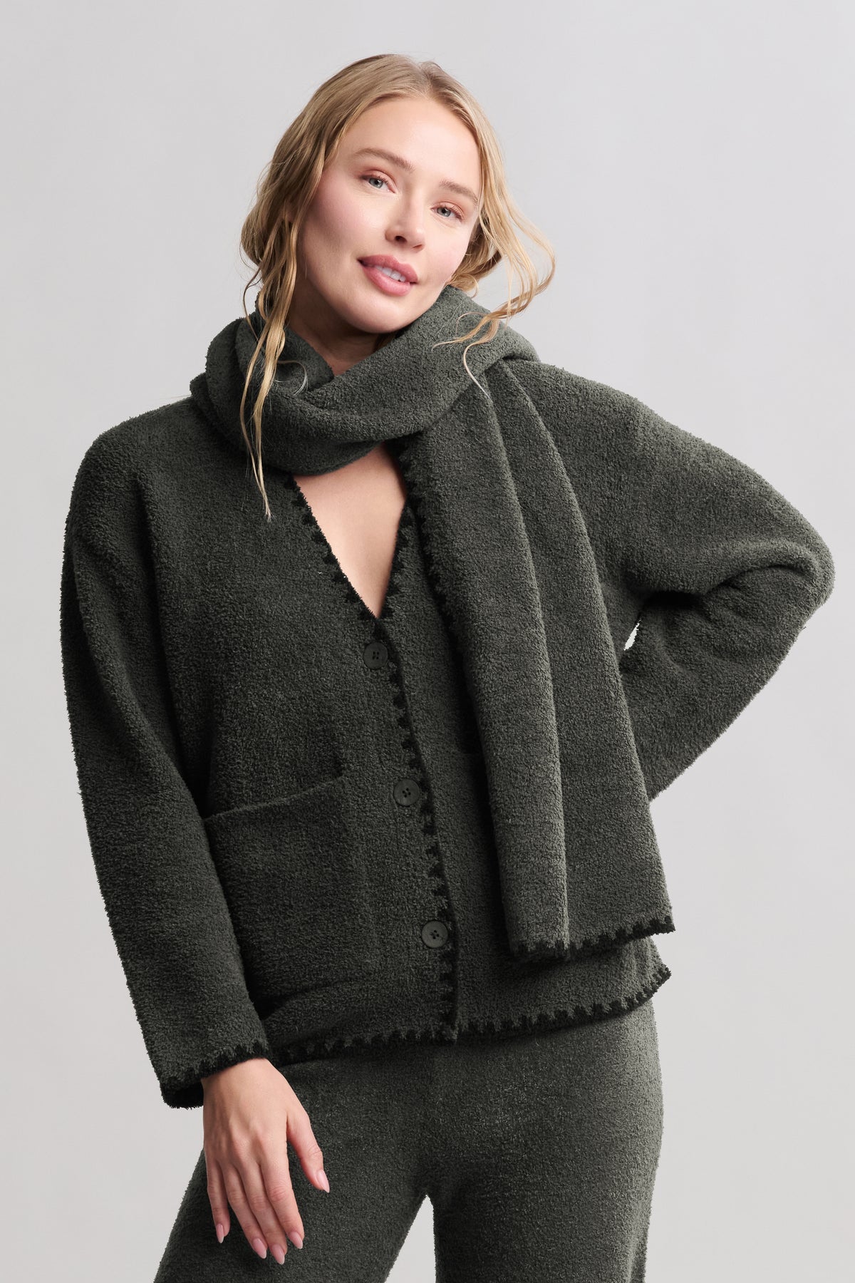 Barefoot Dreams CozyChic Blanket Stitch Cardigan with Detachable Scarf -  Dark Moss