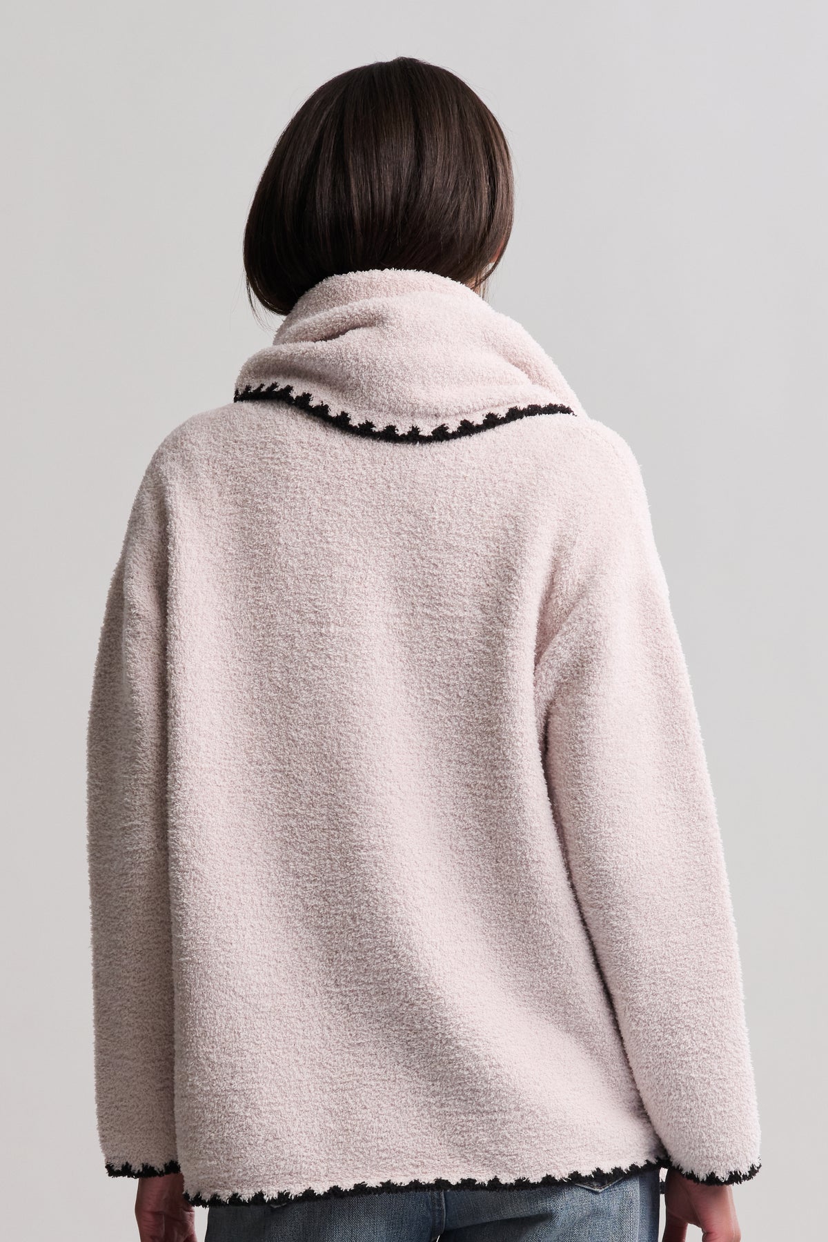 Barefoot Dreams CozyChic Blanket Stitch Cardigan with Detachable Scarf - Stone