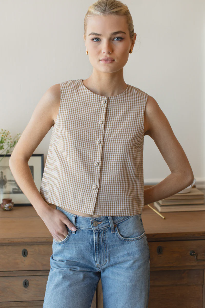 Emerson Fry Button Front Wide Hem Top - Cafe Check