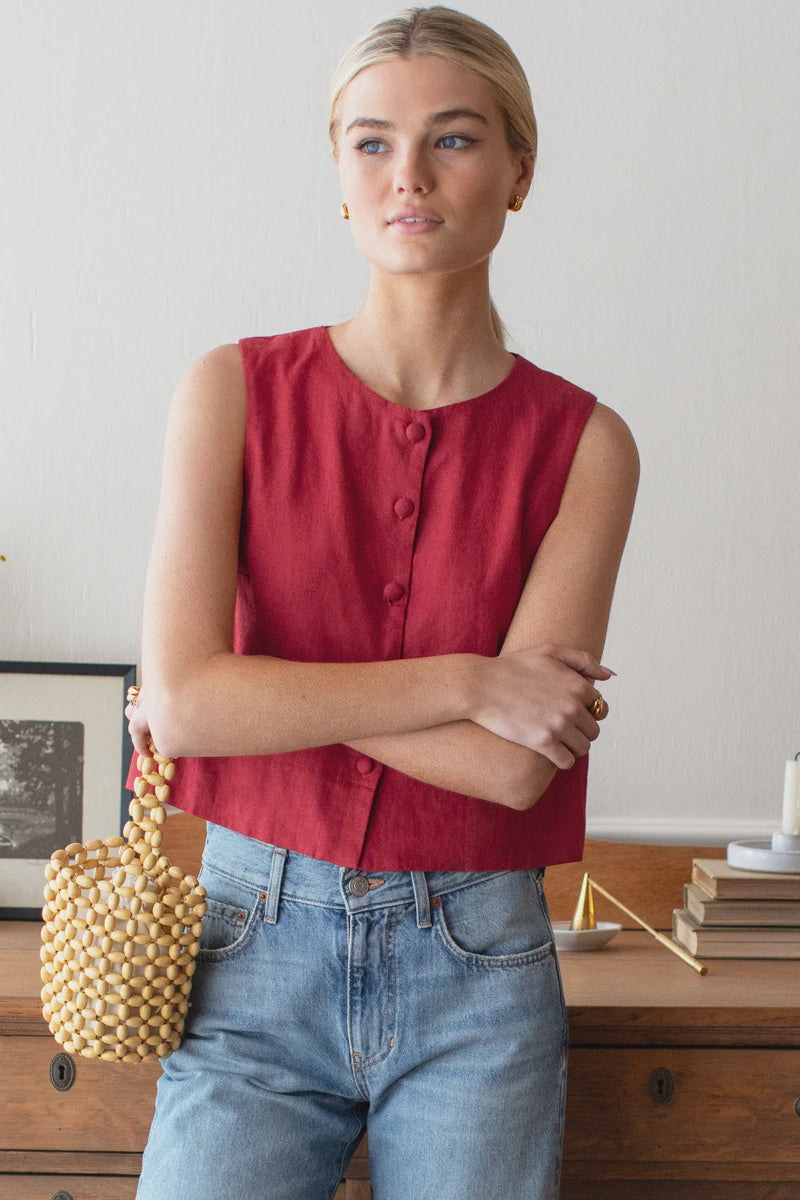 Emerson Fry Button Front Wide Hem Top - Pompeian Red Linen