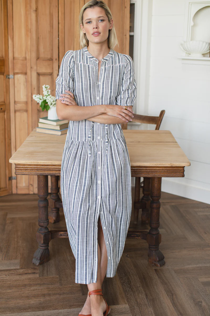 Emerson Fry Lucy 4 Basque Dress - Aradonis Stripe Storm Grey Emerson Fry Lucy 4 Basque Dress - Aradonis Stripe Storm Grey