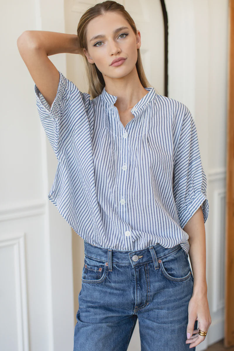 Emerson Fry Mandarin Collar Top - Indigo Stripe Organic