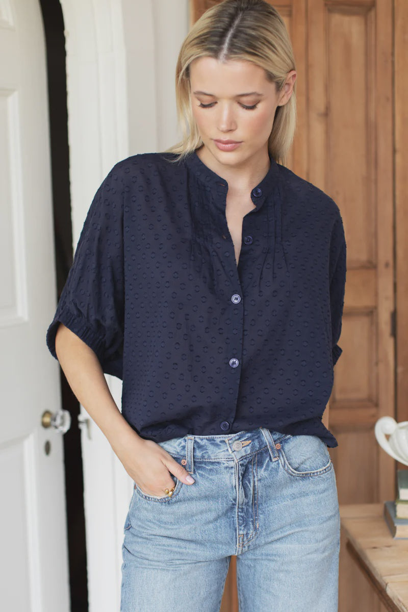 Emerson Fry Mandarin Collar Top - Maritime Swiss Dot Organic