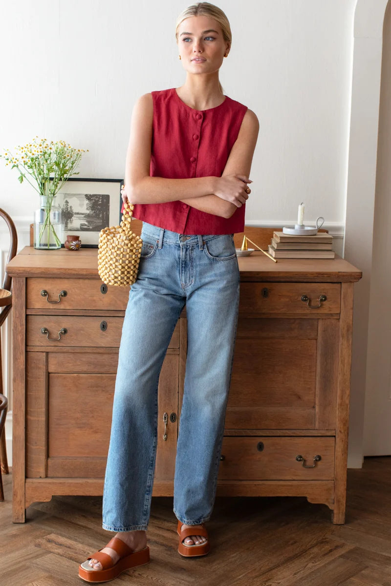 Emerson Fry Button Front Wide Hem Top - Pompeian Red Linen