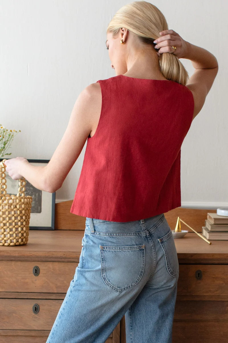 Emerson Fry Button Front Wide Hem Top - Pompeian Red Linen