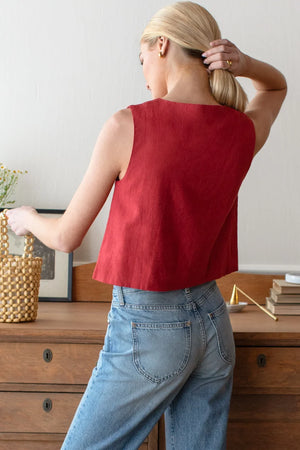 Emerson Fry Button Front Wide Hem Top - Pompeian Red Linen