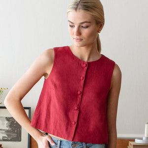 Emerson Fry Button Front Wide Hem Top - Pompeian Red Linen