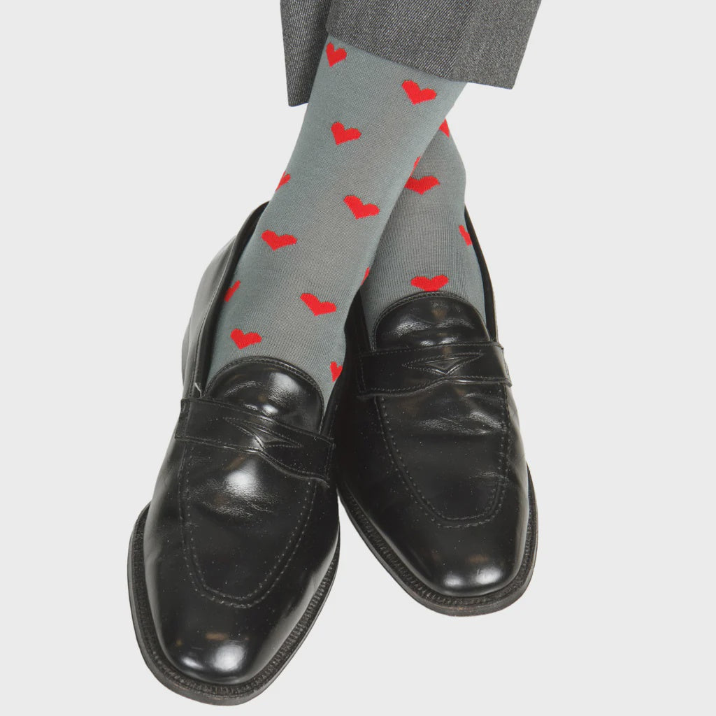 Dapper Classics Socks - Steel w/ Red Hearts