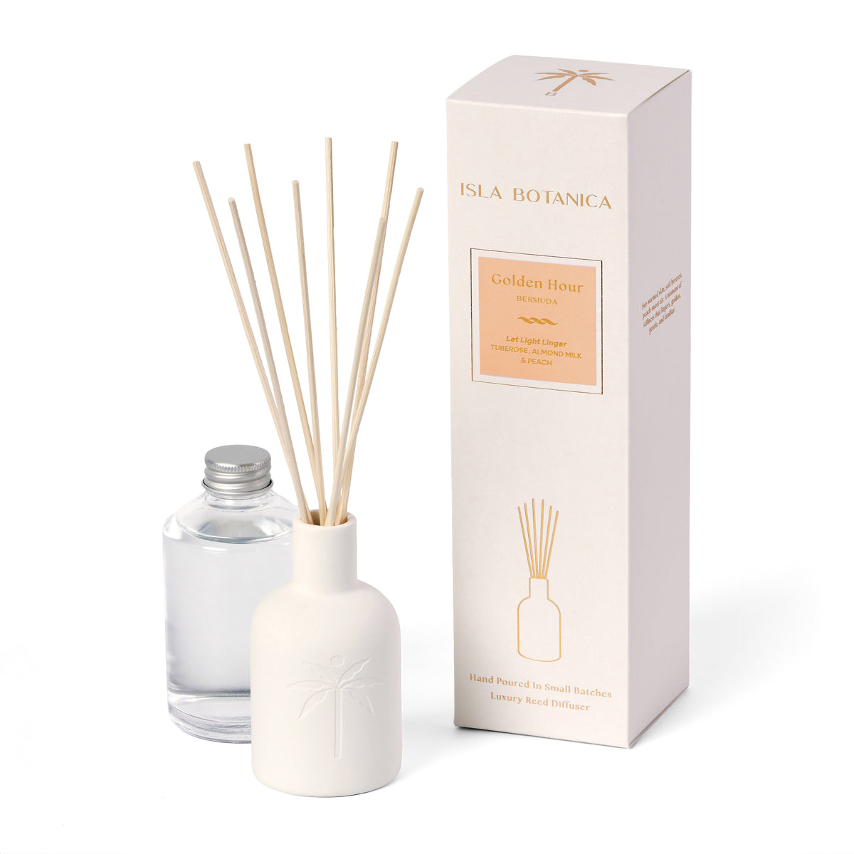 Reed diffuser set with bottle, sticks, and packaging on a white background
