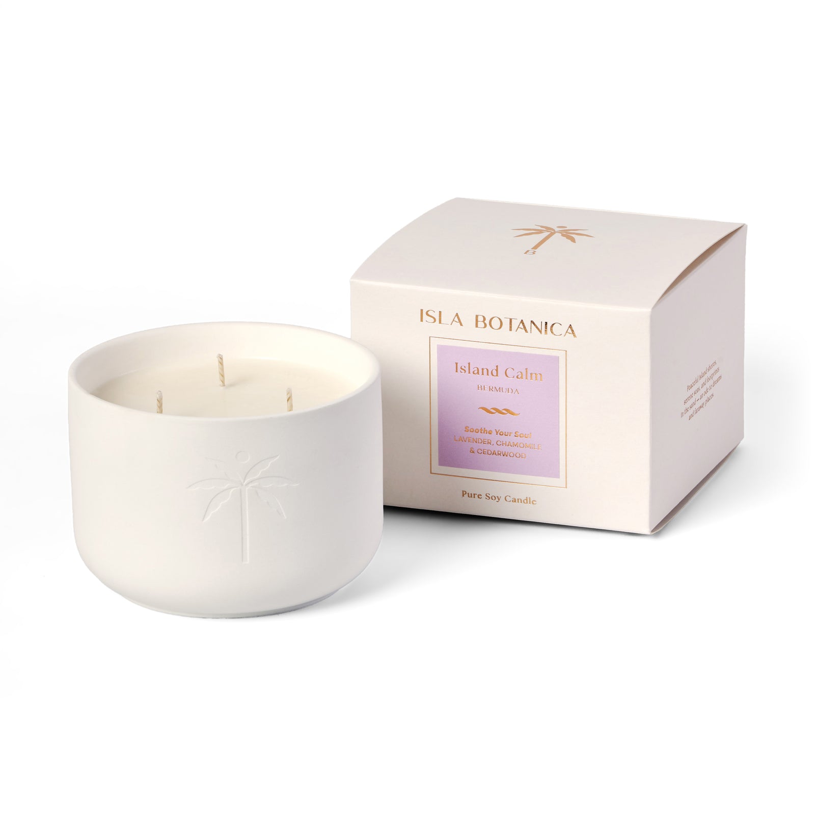 White candle in a textured container with a matching box on a light purple background