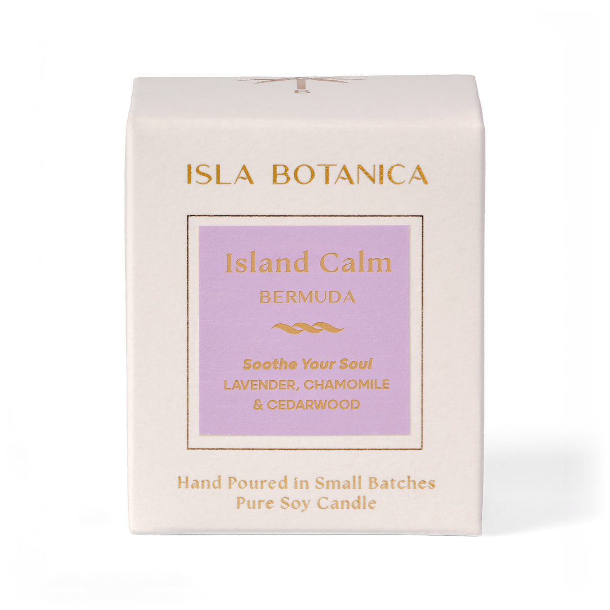 Isla Botanica Island Calm Bermuda candle packaging on a white background