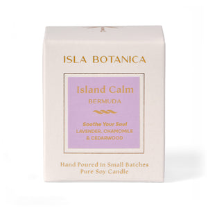 Isla Botanica Island Calm Bermuda candle packaging on a white background