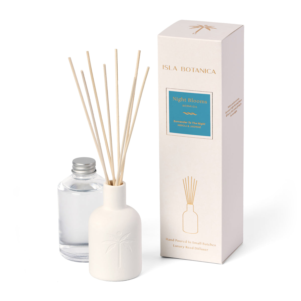 Reed diffuser set with bottle and packaging labeled 'Isla Botanica' on a white background