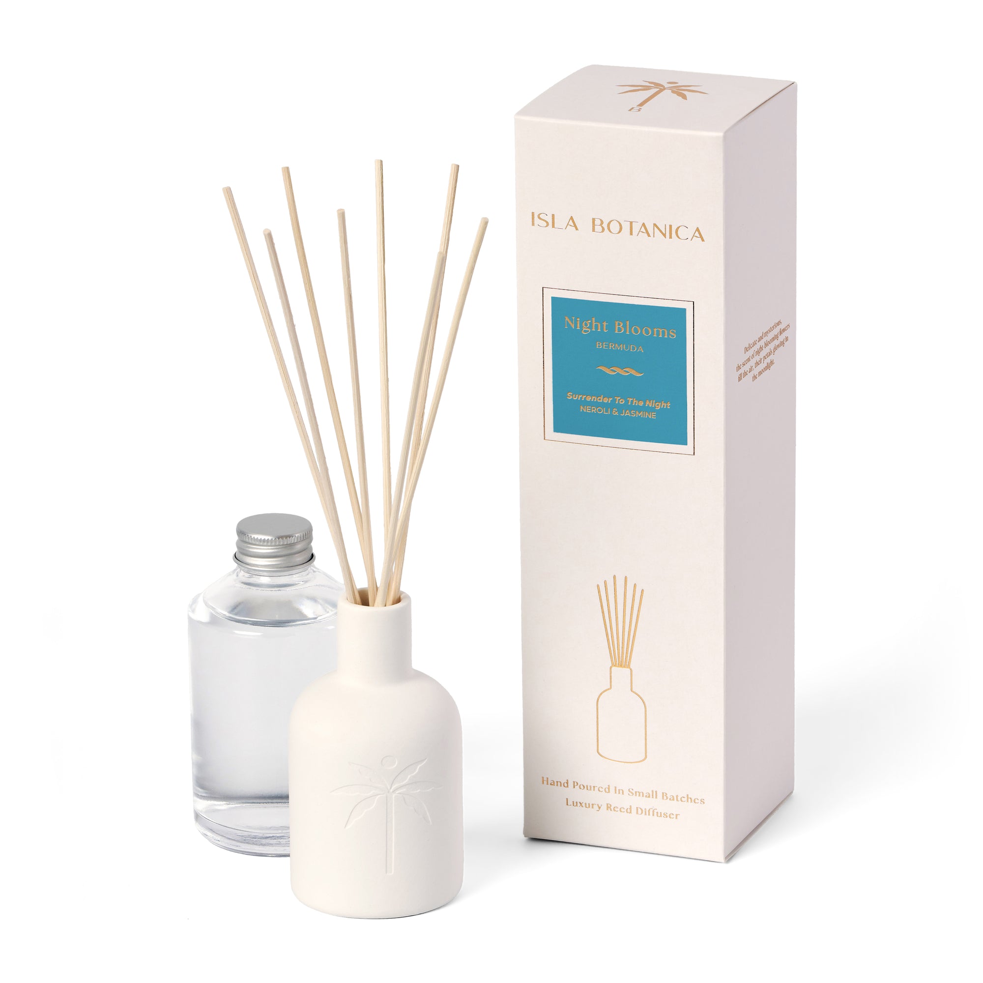 Reed diffuser with decorative packaging on a white background