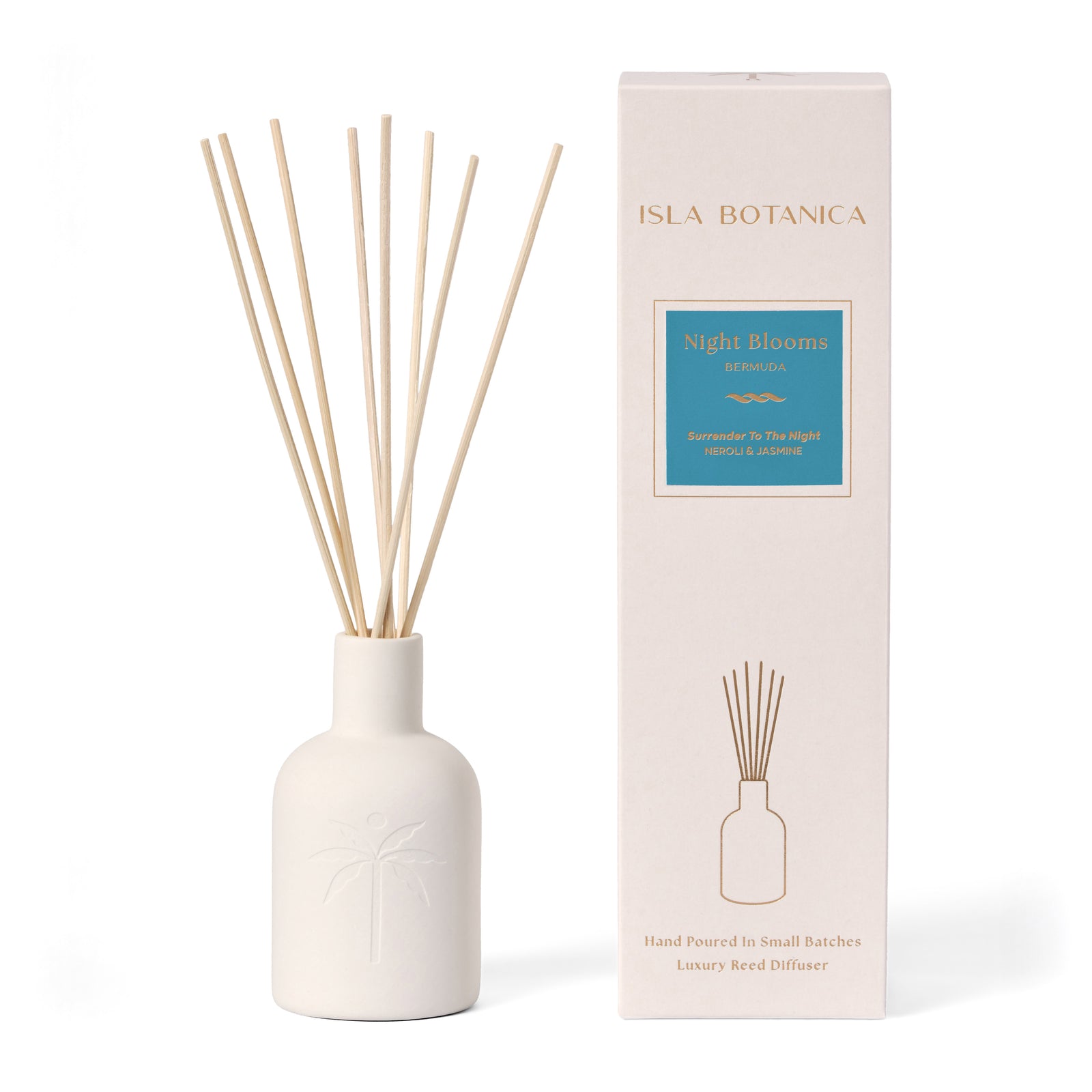 Reed diffuser with decorative packaging on a white background