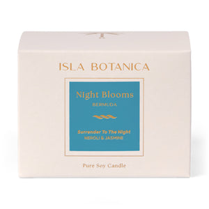 Isla Botanica Night Blooms candle packaging on a white background