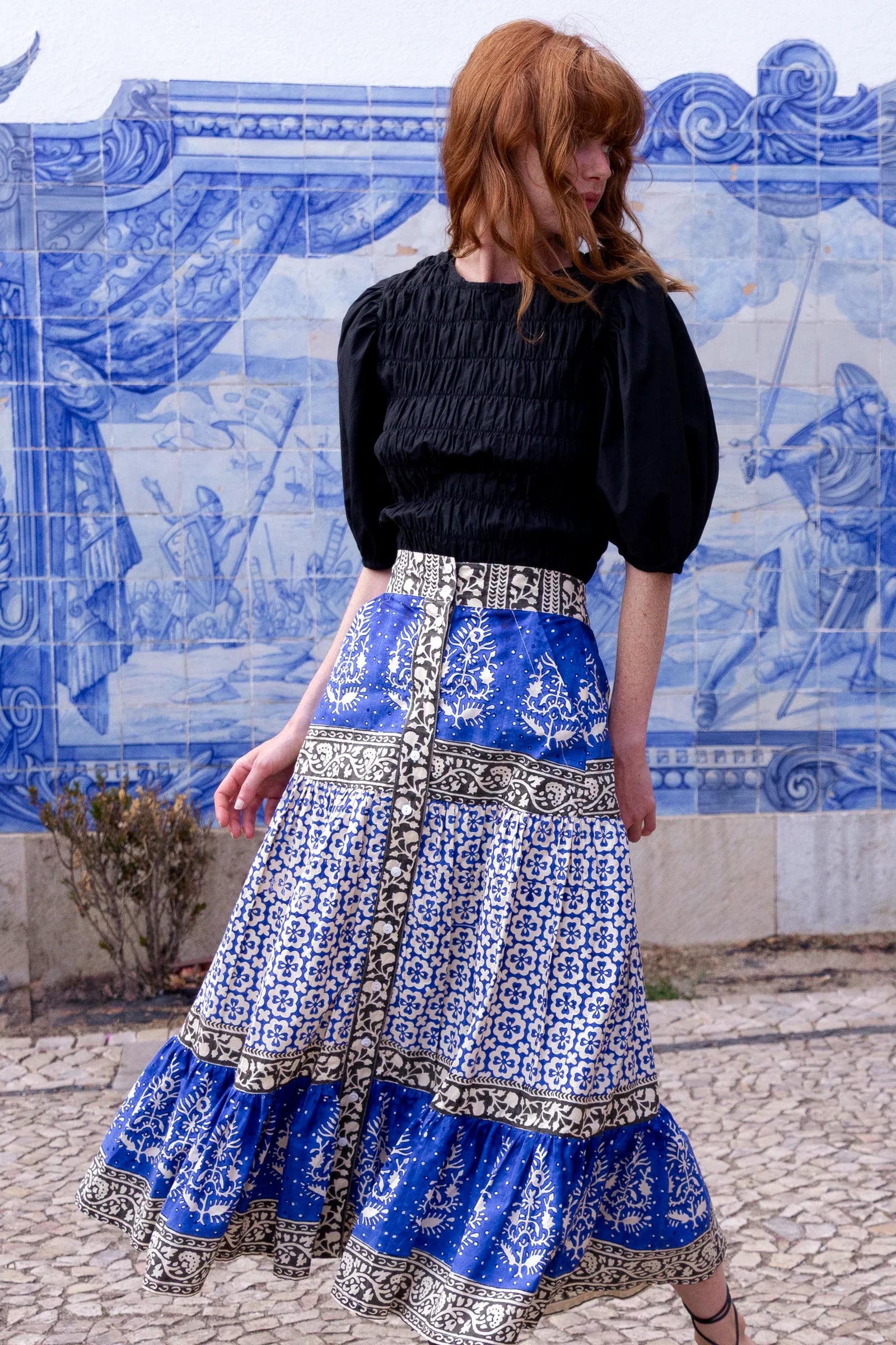 Oliphant Button Front Skirt- Jaisalmer Cobalt